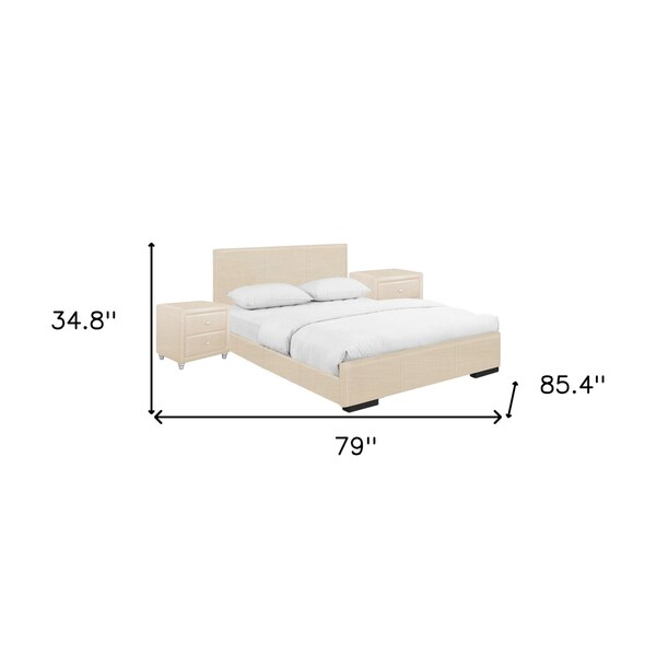 Homeroots 34.8 x 79 x 85.4 in. Beige Upholstered Platform King Size Bed with Two Nightstands - 397068