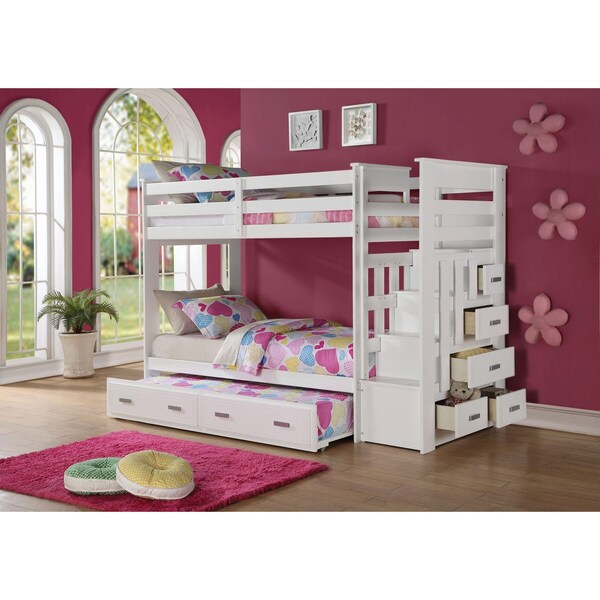 Homeroots 97 x 43 x 68 in. Twin Over Twin White Storage Ladder & Trundle Bunk Bed - 285615