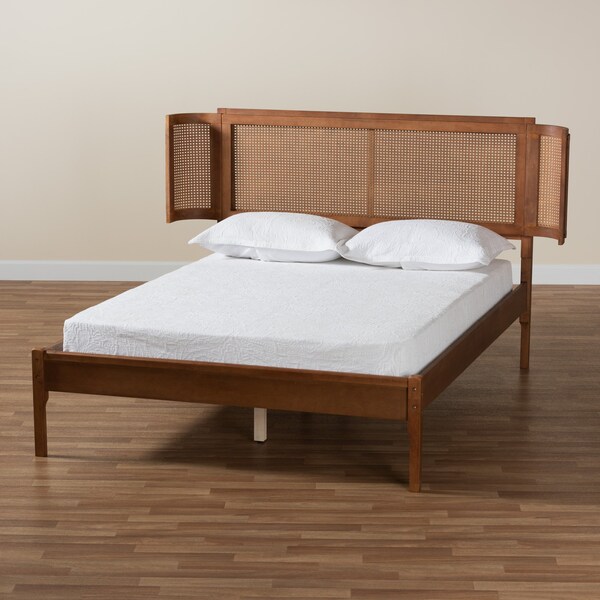 Baxton Studio Eridian MidCentury Modern Walnut Brown Finished Wood and Natural Rattan Full Size Platform Bed - 222-11890-ZORO