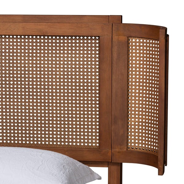 Baxton Studio Eridian MidCentury Modern Walnut Brown Finished Wood and Natural Rattan Full Size Platform Bed - 222-11890-ZORO