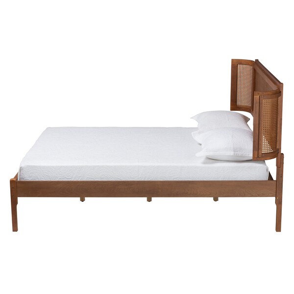 Baxton Studio Eridian MidCentury Modern Walnut Brown Finished Wood and Natural Rattan Full Size Platform Bed - 222-11890-ZORO