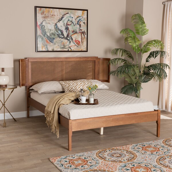Baxton Studio Eridian MidCentury Modern Walnut Brown Finished Wood and Natural Rattan Full Size Platform Bed - 222-11890-ZORO