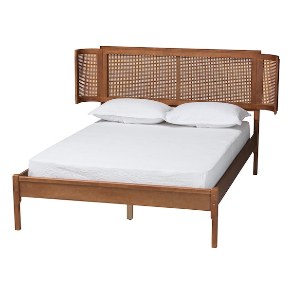 Baxton Studio Eridian MidCentury Modern Walnut Brown Finished Wood and Natural Rattan Full Size Platform Bed - 222-11890-ZORO