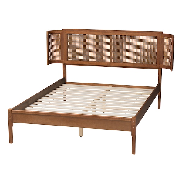 Baxton Studio Eridian MidCentury Modern Walnut Brown Finished Wood and Natural Rattan Full Size Platform Bed - 222-11890-ZORO