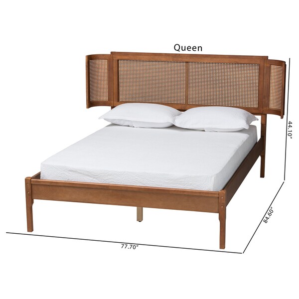 Baxton Studio Eridian MidCentury Modern Walnut Brown Finished Wood and Natural Rattan Full Size Platform Bed - 222-11890-ZORO
