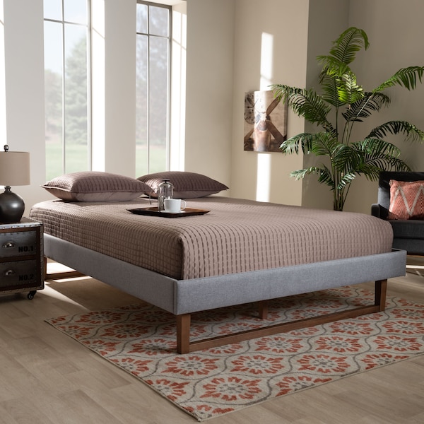 Baxton Studio Liliya Light Grey Upholstered Walnut Finished Full Size Platform Bed - 156-9416