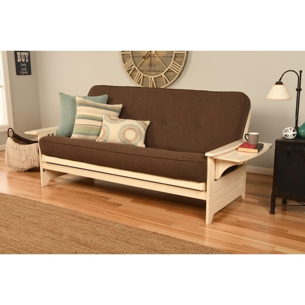 Kodiak Phoenix Antique White Futon Frame with Linen Cocoa Mattress - Full Size - KFPHAWLCOCLF5MD3