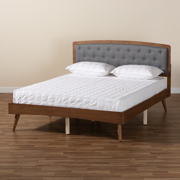 Baxton Studio Ratana Transitional Grey Fabric Upholstered and Walnut Brown Finished Wood Platform Bed-Queen - 201-11592
