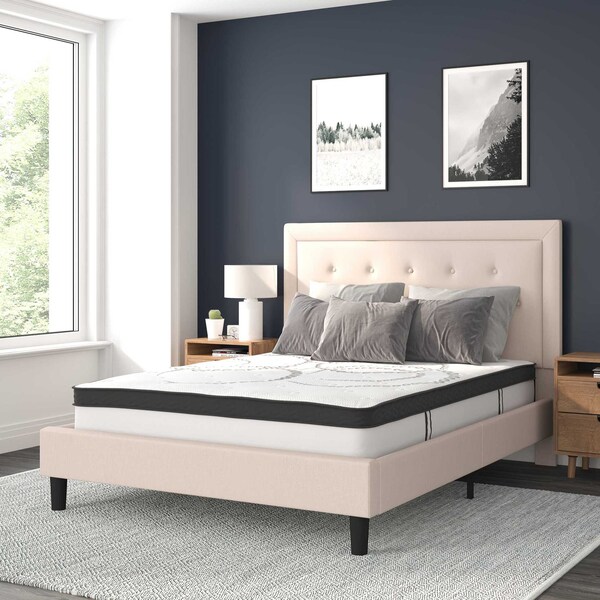Flash Furniture Queen Size Beige Fabric Platform Bed with Mattress - SL-BM10-19-GG