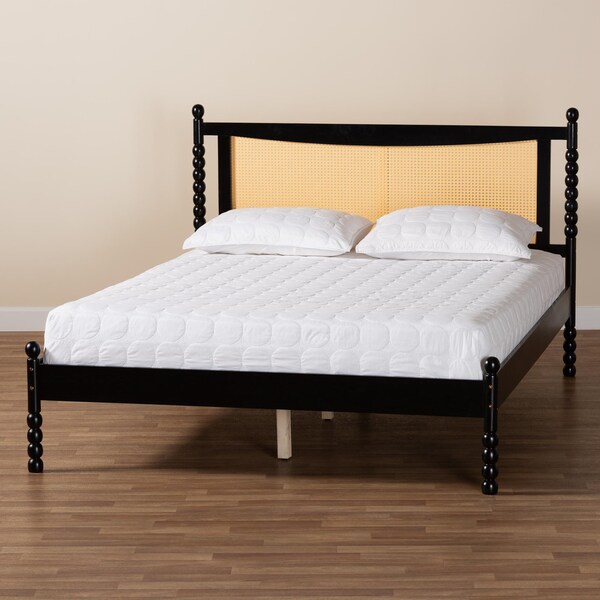 Baxton Studio Okena Mid-Century Modern Black Wood Queen Size Platform Bed with Woven Rattan - 243-13443-ZORO
