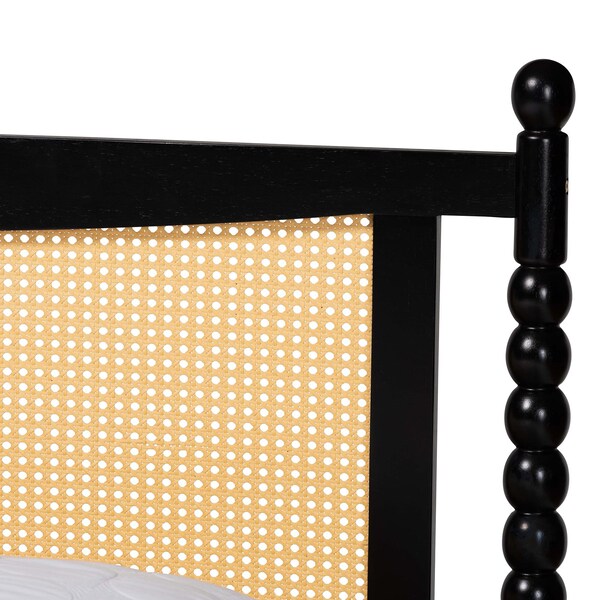 Baxton Studio Okena Mid-Century Modern Black Wood Queen Size Platform Bed with Woven Rattan - 243-13443-ZORO