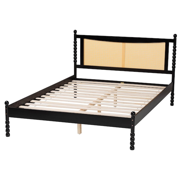 Baxton Studio Okena Mid-Century Modern Black Wood Queen Size Platform Bed with Woven Rattan - 243-13443-ZORO