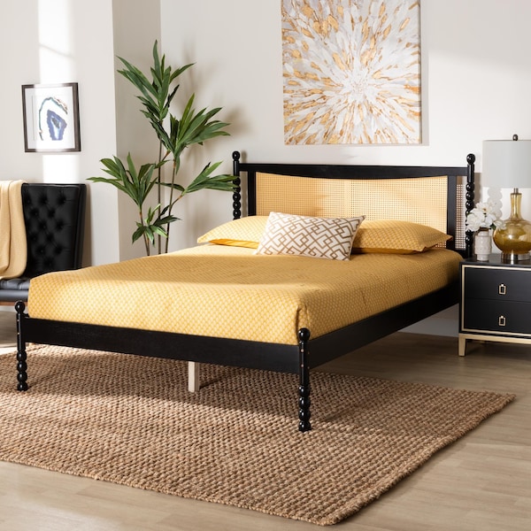 Baxton Studio Okena Mid-Century Modern Black Wood Queen Size Platform Bed with Woven Rattan - 243-13443-ZORO