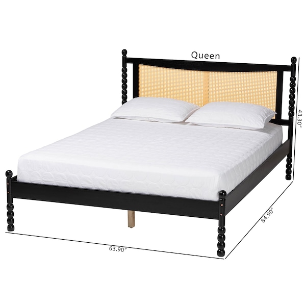 Baxton Studio Okena Mid-Century Modern Black Wood Queen Size Platform Bed with Woven Rattan - 243-13443-ZORO