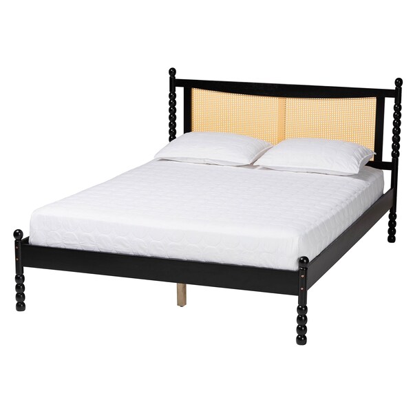 Baxton Studio Okena Mid-Century Modern Black Wood Queen Size Platform Bed with Woven Rattan - 243-13443-ZORO