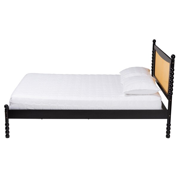 Baxton Studio Okena Mid-Century Modern Black Wood Queen Size Platform Bed with Woven Rattan - 243-13443-ZORO