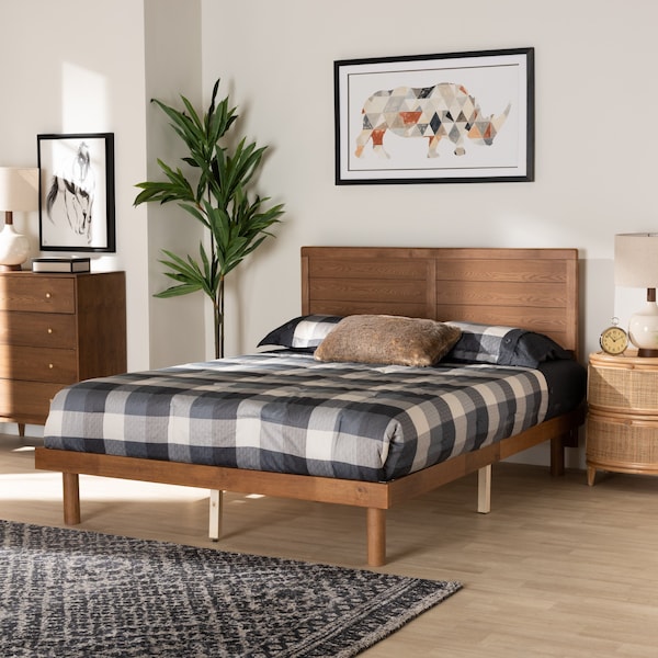 Baxton Studio Daina Mid-Century Modern Ash Walnut Finished Wood Queen Size Platform Bed - 230-9426-11888-ZORO