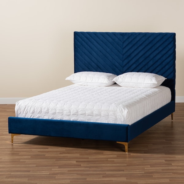 Baxton Studio Fabrico Glam and Luxe Navy Blue Velvet Upholstered and Gold Metal Queen Size Platform Bed - 214-10941-ZORO