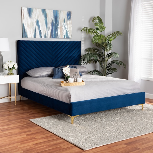Baxton Studio Fabrico Glam and Luxe Navy Blue Velvet Upholstered and Gold Metal Queen Size Platform Bed - 214-10941-ZORO