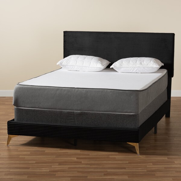 Baxton Studio Abberton Modern and Contemporary Black Velvet and Gold Metal Queen Size Panel Bed - 220-12851-ZORO