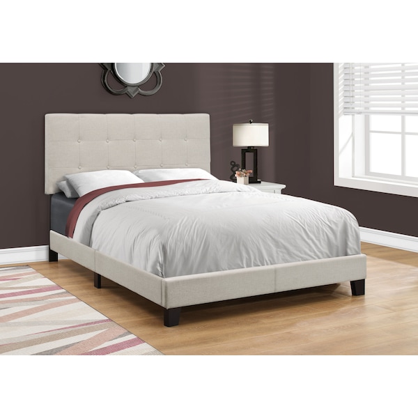 Monarch Specialties Bed, Full Size, Platform, Bedroom, Frame, Upholstered, Linen Look, Wood Legs, Beige, Black - I 5921F