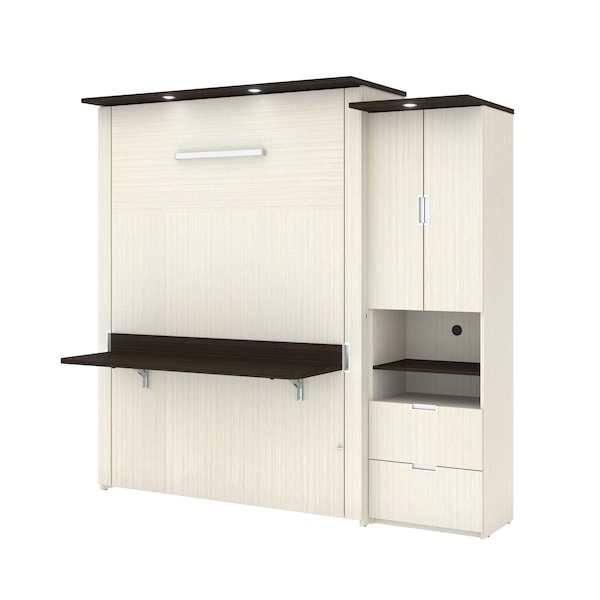 Bestar Lumina Queen Murphy Bed with Desk and Storage Cabinet (89W), White Chocolate - 85880-31