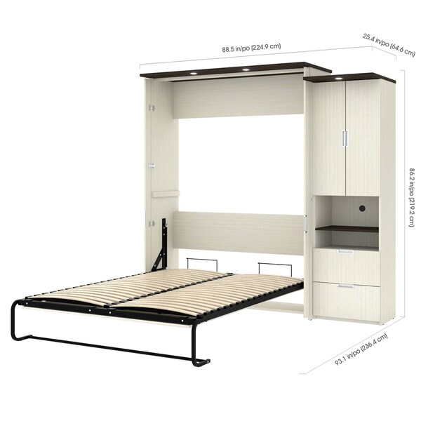 Bestar Lumina Queen Murphy Bed with Desk and Storage Cabinet (89W), White Chocolate - 85880-31