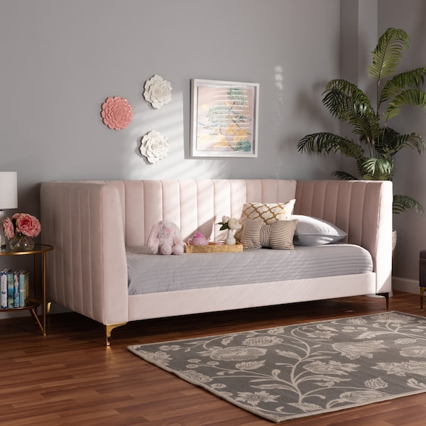Baxton Studio Oksana Modern Contemporary Glam and Luxe Light Pink Velvet Fabric and Gold Finished Twin Size Daybed - 174-10984-ZORO