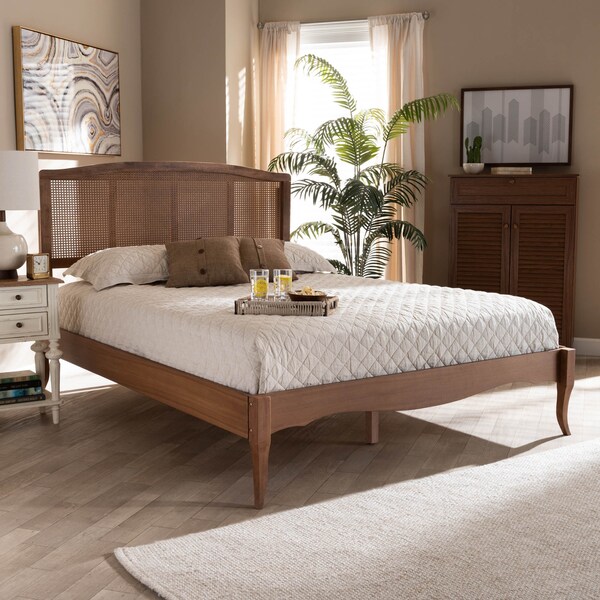Baxton Studio Marieke Ash Walnut Finished and Rattan King Size Platform Bed - 159-9810-9811