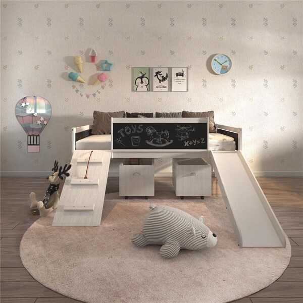 Donco Kids PD-3005TLWWDG-3005C Twin Low Loft with Toy Boxes White Wash & Dark Grey - PD_3005TLWWDG_3005C
