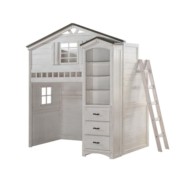 Gfancy Fixtures 43 x 80 x 88 in. Weathered White Washed Gray Wood Loft Twin Size Bed - GF3086769