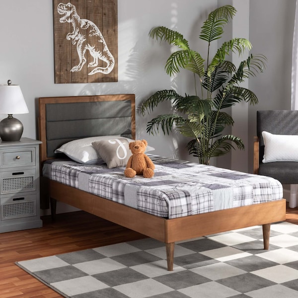 Baxton Studio Seren Mid-Century Dark Grey Fabric Upholstered and Walnut Brown Finished Wood Platform Bed-Twin - 191-11534-11158-ZORO