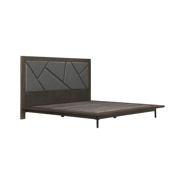 Armen Living Marquis Queen Size Platform Bed Frame in Oak Wood with Faux Leather Headboard and Black Metal Legs - LCMUBDGRQN
