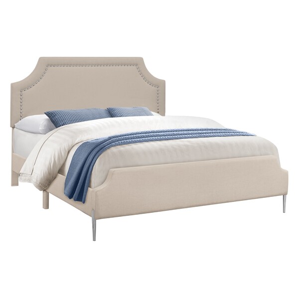 Monarch Specialties Bed, Queen Size, Bedroom, Upholstered, Beige Linen Look, Chrome Metal Legs, Transitional - I 6036Q