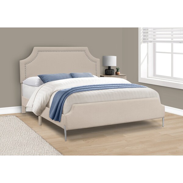 Monarch Specialties Bed, Queen Size, Bedroom, Upholstered, Beige Linen Look, Chrome Metal Legs, Transitional - I 6036Q