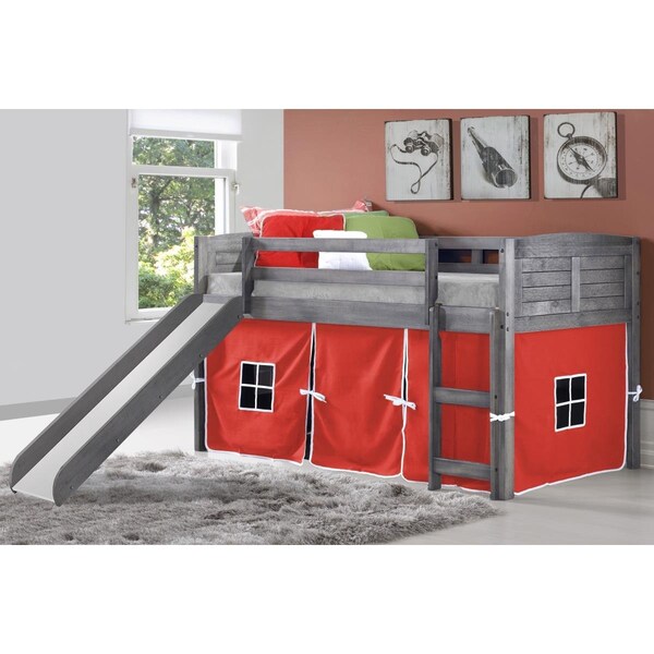 Kd Gabinetes PD-790AAG-R-785AG Twin Size Louver Low Loft with Slide & Red Tent in Antique Grey - KD3184470