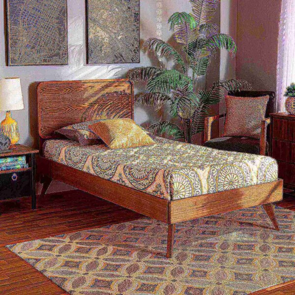 Baxton Studio Leola Mid-Century Modern Transitional Walnut Brown Finished Wood Twin Size Platform Bed - 187-11163-11159-ZORO