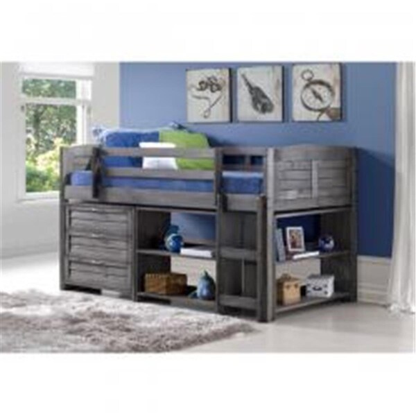 Convenience Concepts PD-790AAG-Modular-C2 Twin Size Louver Low Loft with 3 Drawer Chest & Bookcase - Antique Grey Stain - HI2479518