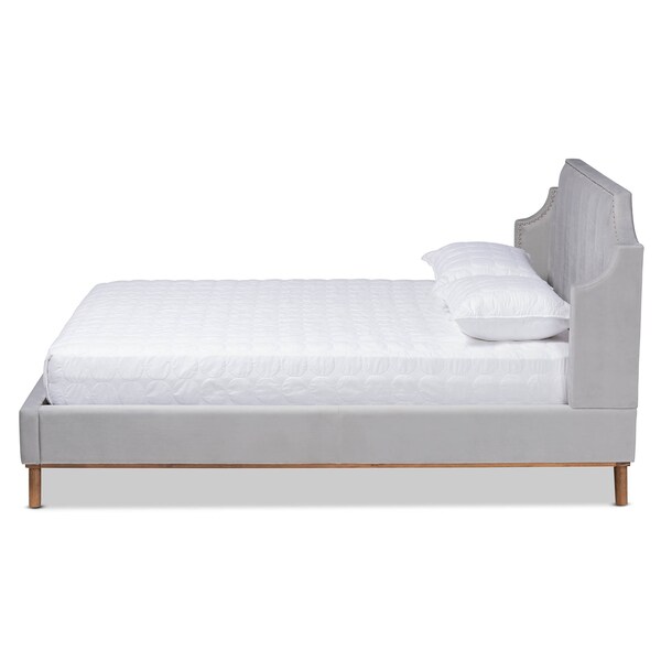Baxton Studio Adelie Grey Velvet Walnut Wood King Size Wingback Platform Bed - 163-10287