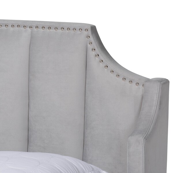 Baxton Studio Adelie Grey Velvet Walnut Wood King Size Wingback Platform Bed - 163-10287