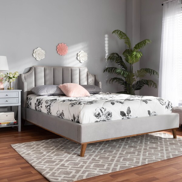 Baxton Studio Adelie Grey Velvet Walnut Wood King Size Wingback Platform Bed - 163-10287
