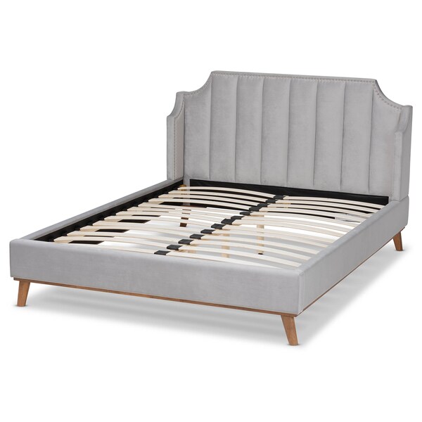Baxton Studio Adelie Grey Velvet Walnut Wood King Size Wingback Platform Bed - 163-10287