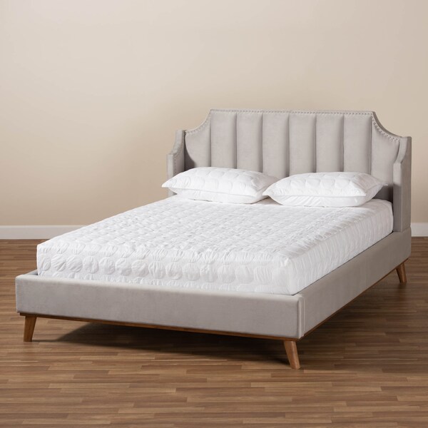 Baxton Studio Adelie Grey Velvet Walnut Wood King Size Wingback Platform Bed - 163-10287