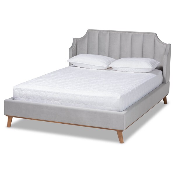 Baxton Studio Adelie Grey Velvet Walnut Wood King Size Wingback Platform Bed - 163-10287