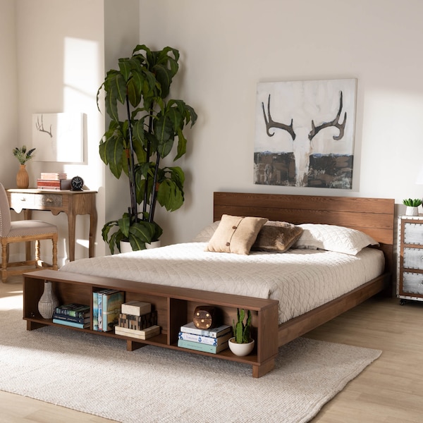 Baxton Studio Regina Wood Full Size Platform Storage Bed with Built-In Shelves - 164-10674