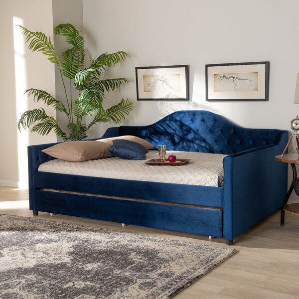 Baxton Studio Perry Blue Velvet Upholstered and Tufted Full Size Daybed with Trundle - 156-9451