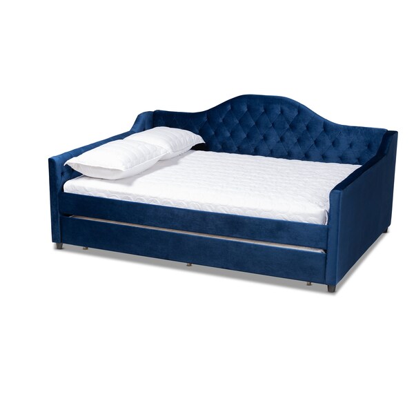 Baxton Studio Perry Blue Velvet Upholstered and Tufted Full Size Daybed with Trundle - 156-9451
