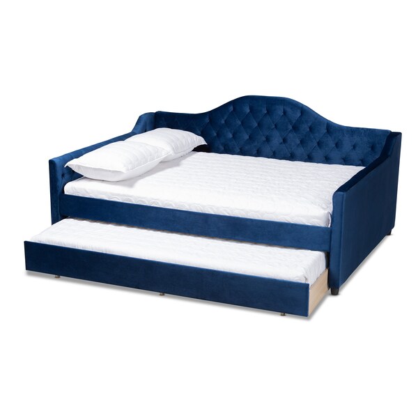Baxton Studio Perry Blue Velvet Upholstered and Tufted Full Size Daybed with Trundle - 156-9451