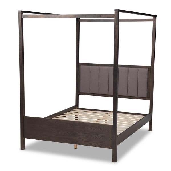 Baxton Studio Natasha Grey Upholstered and Oak Wood King Size Platform Canopy Bed - 167-10721