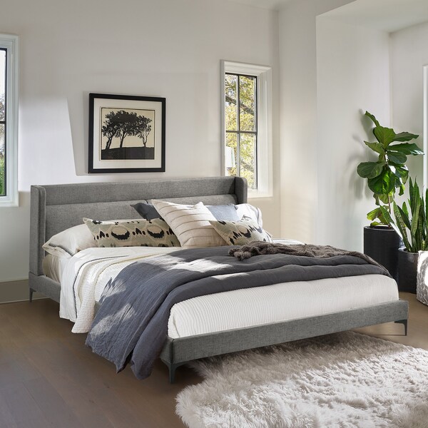 Armen Living Legend Gray Fabric Eastern King Platform Bed with Black Metal Legs - LCLEBDCHKG